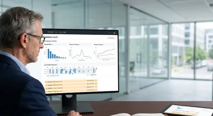An engineering manager conducting a codebase audit on an ultra-slim monitor to measure true development velocity.