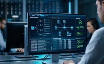 Technical director analyzing ledger encryption data and compliance scores on a split-screen monitor.