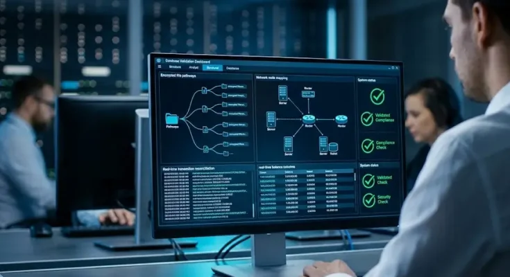 Technical director analyzing ledger encryption data and compliance scores on a split-screen monitor.
