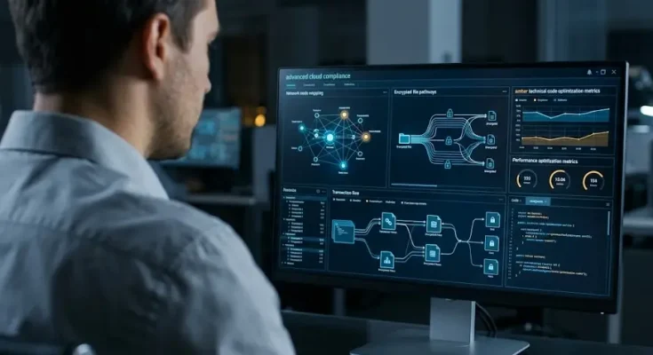 Systems engineer using a dark-themed technical terminal to analyze code matrices and sprint metrics.