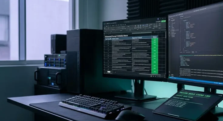 A continuous integration terminal running test suites and prompt validation scripts for software quality assurance.