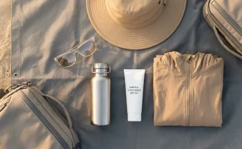 Essential technical gear organized on a canvas tarp as part of a reliable Peruvian desert packing list.