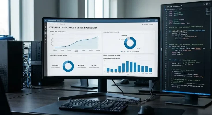 Technical telemetry dashboard tracking Copilot audit metrics and software usage efficiency.