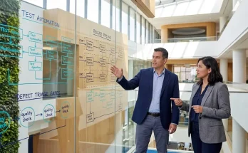 Architectural whiteboard planning session for outsourcing QA without losing control in software engineering.