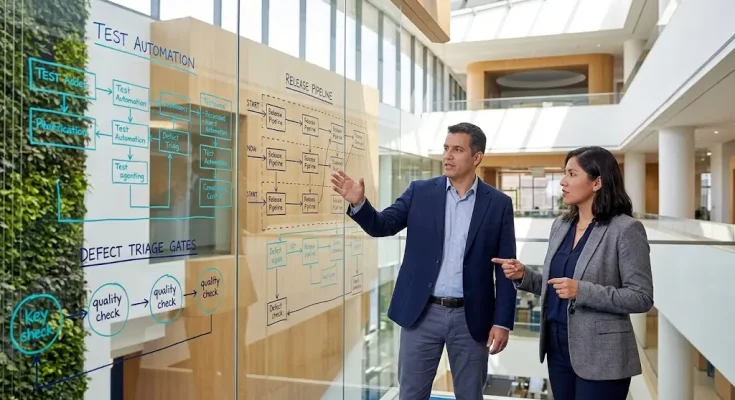 Architectural whiteboard planning session for outsourcing QA without losing control in software engineering.