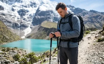 Hiker adjusting trekking poles and daypack straps while packing for humantay lake trek