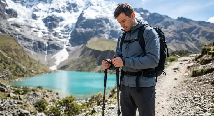 Hiker adjusting trekking poles and daypack straps while packing for humantay lake trek