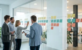 Project team mapping a B2B portal implementation timeline on a glass wall with sticky notes for discovery, architecture, testing and launch phases