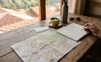 A traveler's desk with a map of Cusco, a notebook with a day-by-day plan and a train ticket, showing how many days in Cusco to plan for