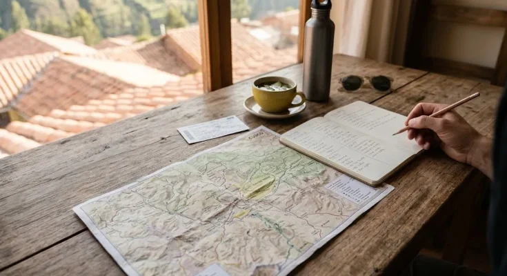 A traveler's desk with a map of Cusco, a notebook with a day-by-day plan and a train ticket, showing how many days in Cusco to plan for